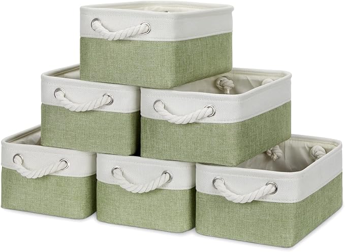 Bidtakay Small Baskets for Organizing Linen Closet Storage Baskets Set Of 6 Decorative Storage Bins for Shelves Cute Rectangular Baskets for Gifts Empty Nursery Dog Toys Baby Storage (White&Green)