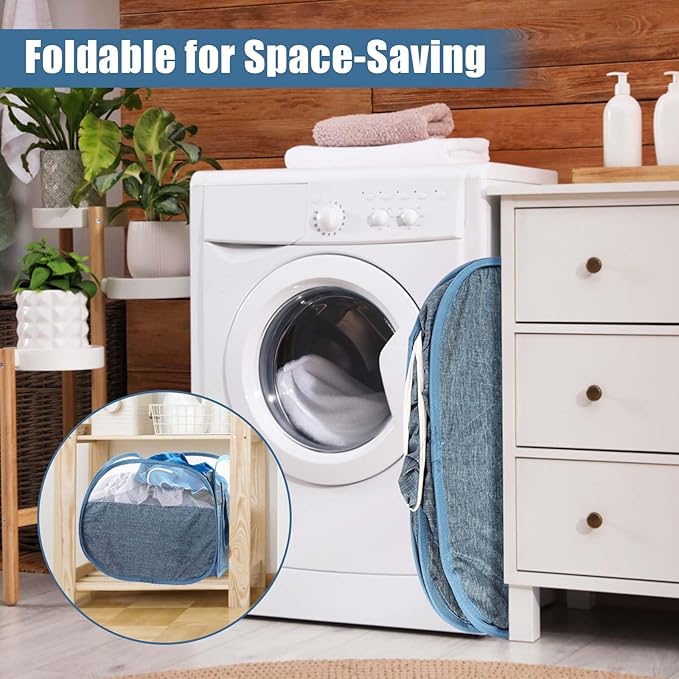 Collapsible Laundry Baskets, Tear Proof Pop Up Laundry Hamper with Large Capacity, Sturdy Foldable Laundry Basket, Easy to Carry Laundry Hamper for Home, Laundry Room, Bedroom, Dorm, Travel Blue