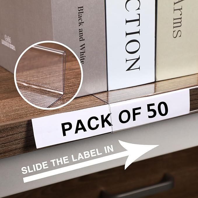 Containlol 50 Pcs Moveable Shelf Label Holders, Clear Bookshelf Label Library Shelf Markers Bookshelf Divider Tags for Library Office Classroom Home(5.1 x 0.8 Inch)
