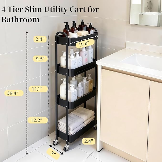 4 Tier Slim Storage Cart with Wheels for Laundry Room Between Washer and Dryer, 7.1'' Narrow Rolling Cart with Wheels and Lockable Casters, Metal Thin Standing Shelf for Small Space, Black