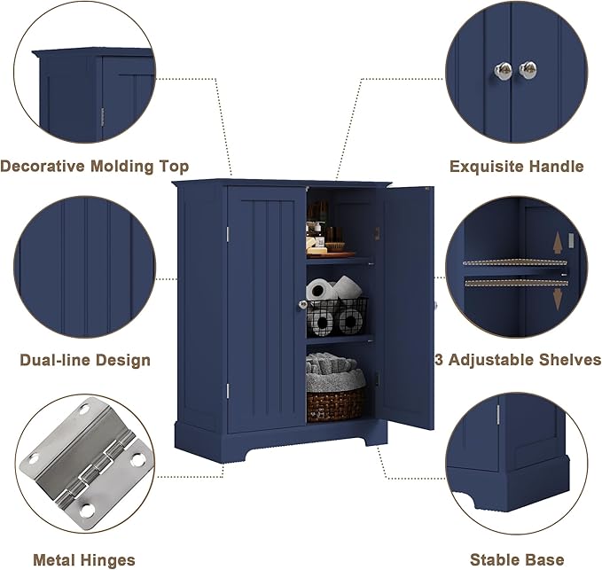 ChooChoo Bathroom Floor Cabinet, Modern Bathroom Storage Cabinet with 2 Doors and Adjustable Shelves, Freestanding Cupboard for Living Room, Blue