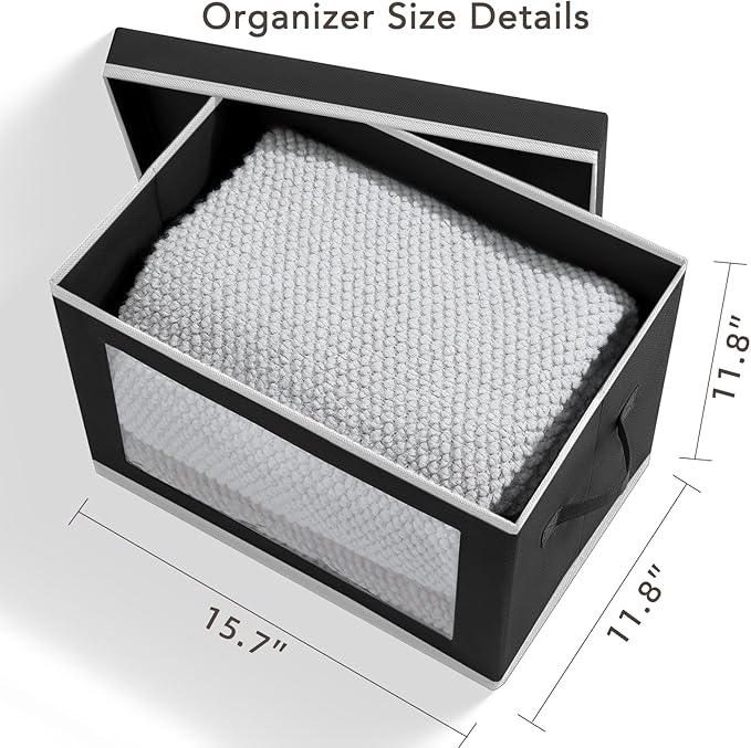 Storage Boxes with Lids - 4 Pack Fabric Clear Window Storage Bins, Large Decorative Storage Bins with Handles, Linen Closet Organizer for Clothes, Towel, Blanket, Black