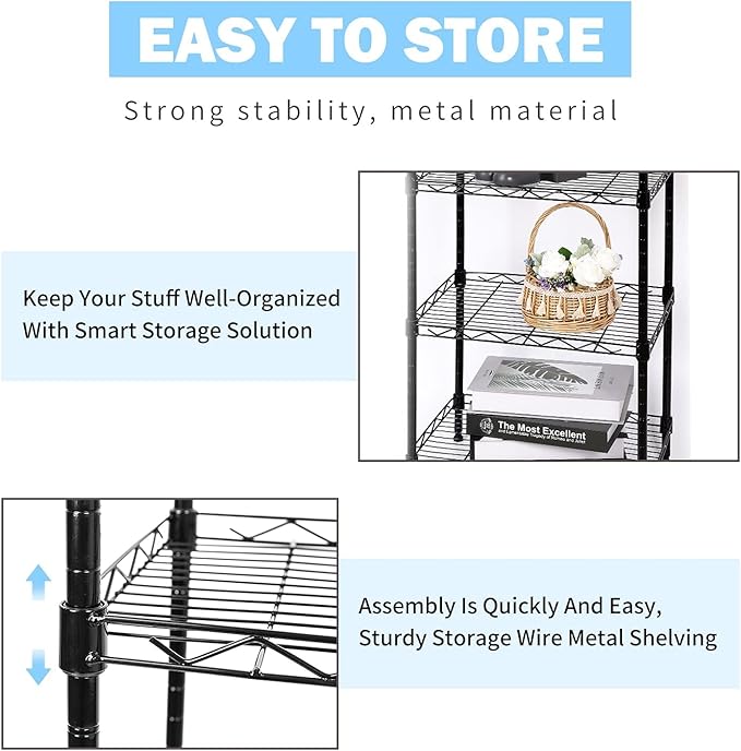 6-Tier Wire Shelving Adjustable Shelves Unit Metal Storage Rack for Laundry Bathroom Kitchen Pantry Closet Organization (Black, 16.6" L x 11.4" W x 64.6" H)