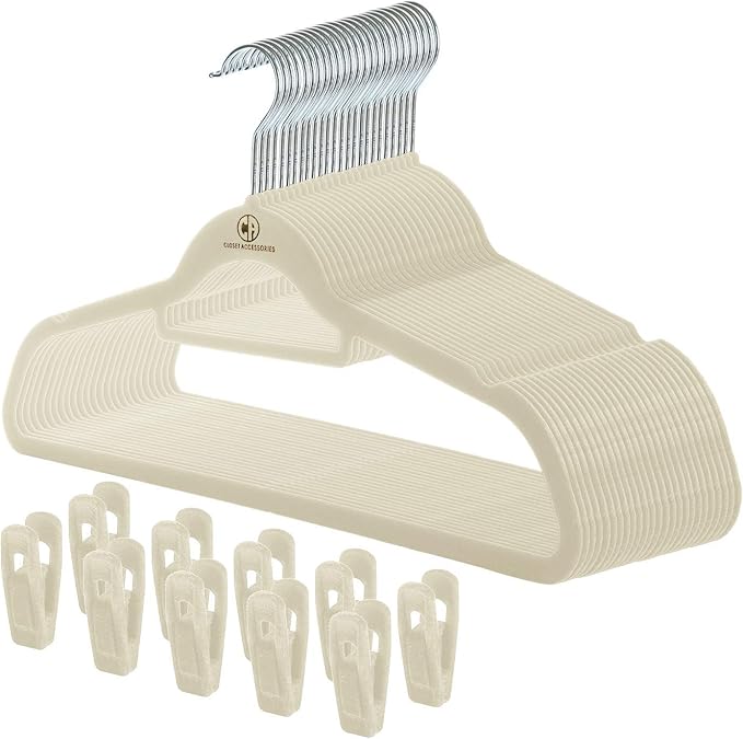 Velvet hangers, non-slip ultra slim space saving hanger, with notches, tie bar, and swivel hooks, 30 pack, with bonus 20 matching velvet finger clips. (ivory [beige/white])