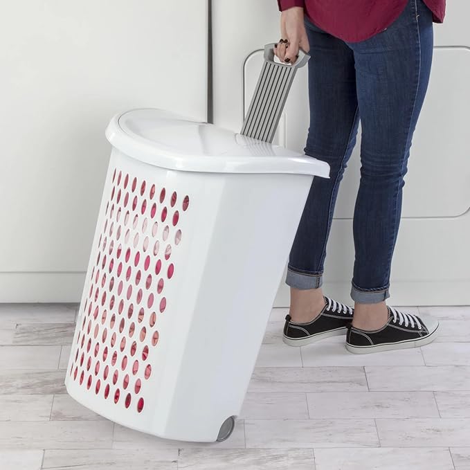 Wheeled Plastic Laundry Hamper with Handle, White - Easy Transport for Laundry, Durable Plastic, Rolling Design, Perfect for Bathroom & Bedroom Storage