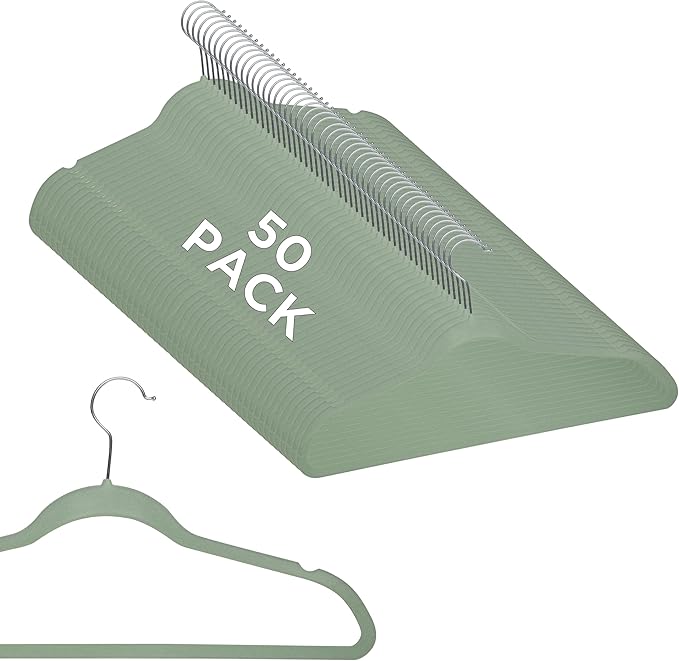 Simplify Slim Velvet Clothes Hangers | 50 Pack | Non-Slip | Shirts | Suit | Pants | Dresses | Garments | Closet Storage & Organization | Durable | Sage