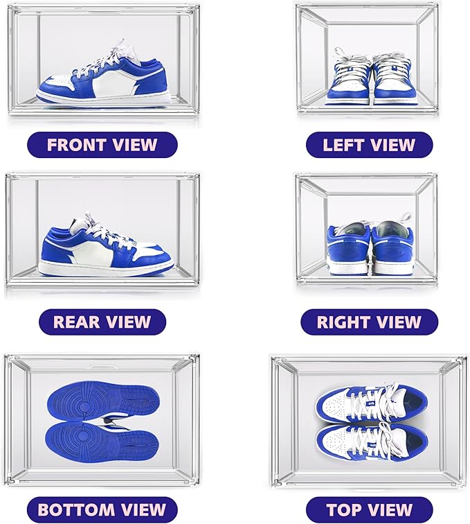 EDS FAM Shoe Storage 6 Pack Size 13 Acrylic Clear Shoe Storage Box Stackable Large Sneakers Display Case with Magnetic Door Hat Boxes Shoe Organizer for Closet