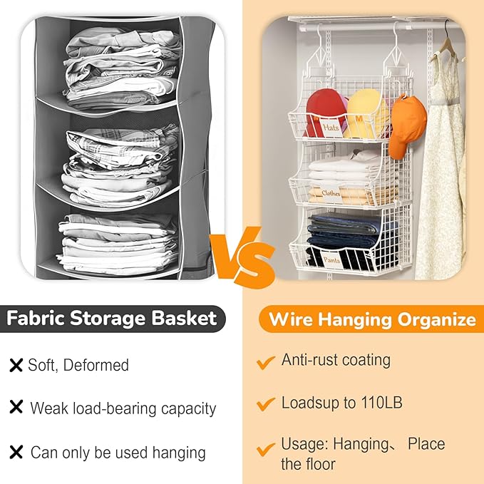 Hanging Closet Organizers and Storage, 3 Tier Closet Shelf Clothes Organizer with 2 S-Hooks, Multi-Functional Iron Wire Baskets, for Clothing, Sweaters, Handbags, Hat, Canned