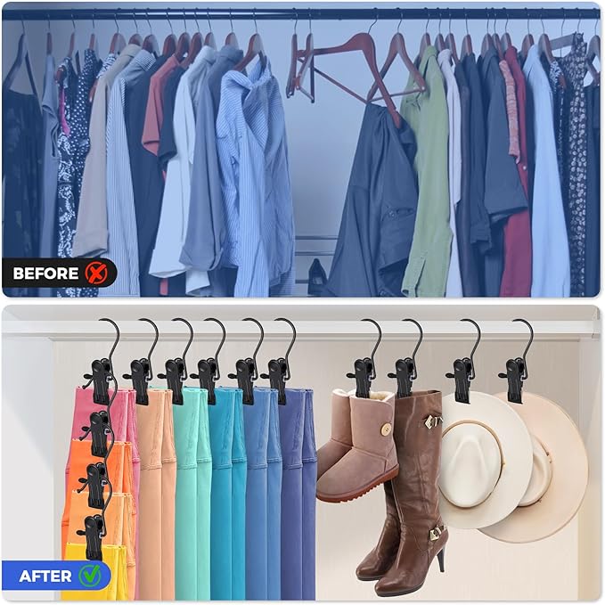 10 Pcs Boot Hangers Clips for Closet, Heavy Duty Legging Organizer for Closet Hanging Pants Hangers with Clips Clothes Pins Hanger Clips Laundry Hooks Bra Towel Socks Hats Tall Boots Home Travel Black
