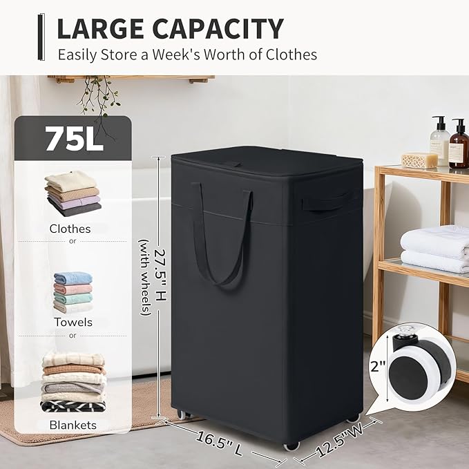 Goodpick Black Laundry Basket with Wheels and Lid, 75L Rolling Laundry Hamper for Dorm Bathroom, Large Tall Dirty Clothes Hamper with Removable Wash Bag, 16.5" x 12.5" x 27.5"