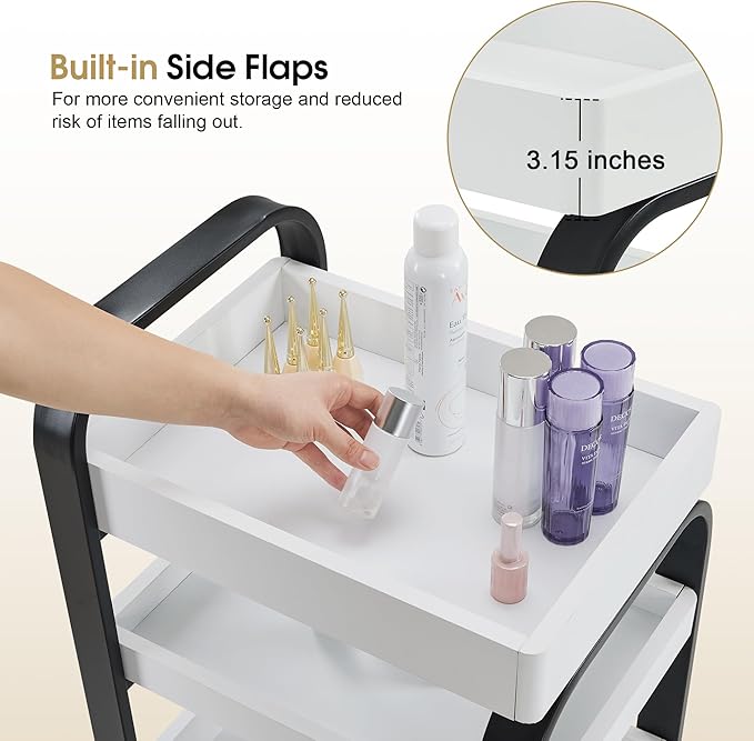 BarberPub Salon Storage Trolley with Shelves, Beauty SPA Rolling Cart with Lockable Wheels, 3-Tier Stylist Tool Organizer, Barber Mobile Station Equipment 2085 (Black&White)