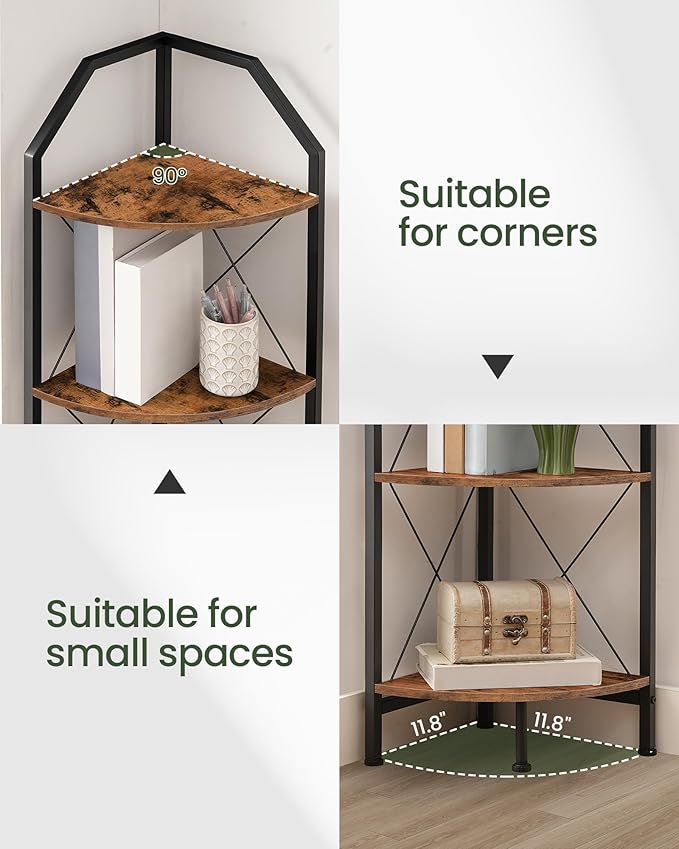6-Tier Corner Shelf, Industrial Corner Bookshelf, 71.2" Corner Storage Stand, Plant Stand Display Shelf, Corner Bookcase for Bedroom, Living Room, Home Office, Rustic Brown and Black TCJ11BF