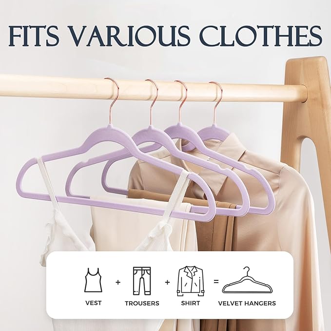 HOUSE DAY Lt-Purple Velvet Hangers 20 Pack, Premium Non-Slip Felt Clothes, Sturdy Heavy Duty Coat, Durable Hangers for Suits, Space Saving with No Hanger Mark, 360° Swivel Rotating Rose Gold Hook