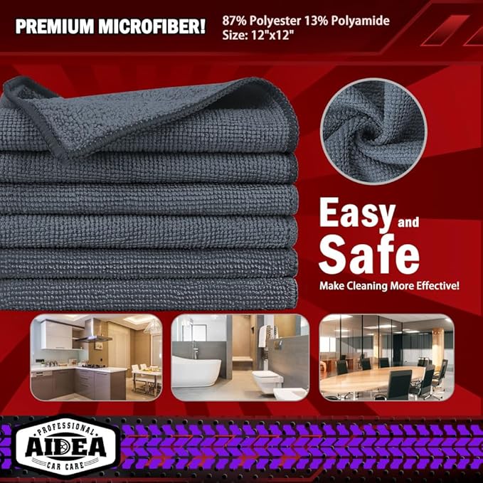 AIDEA Microfiber Cleaning Cloth Grey 50PK, Microfiber Towels for Cars, Premium Car Cloths, Dusting Cloth Lint Free Cleaning Rags for SUVs, House, Kitchen, Window, Workshops,12×12"