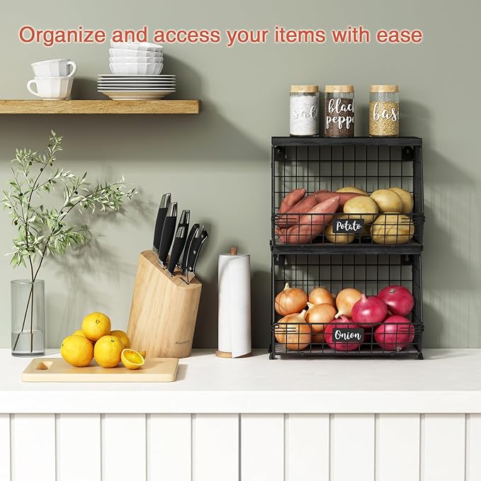Black Kitchen Wall Hanging Storage Basket Set of 2, Rustic Stackable Kitchen Counter Fruit Organizer, Wire Baskets Container for Veggie, Garlic, Produce, Onion and Potato (Black Shelf)