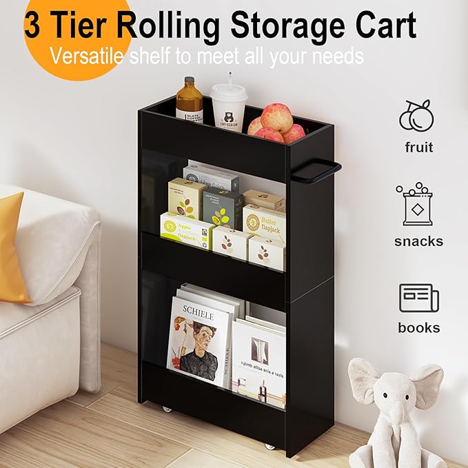 MARTY Wood Rolling Storage Cart 7.9" W, 3 Tier Slim Utility Kitchen Cart on Wheels Laundry Room Bathroom Organizers Narrow Shelves with Handle Mobile Shelving Unit for Small Places, Black