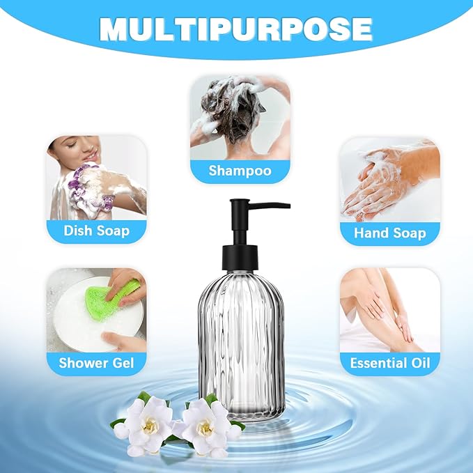 3 Pack Glass Soap Dispenser with Rust Proof Pump, 14 Oz Refillable Liquid Soap Dispenser for Bathroom & Kitchen (Grey)