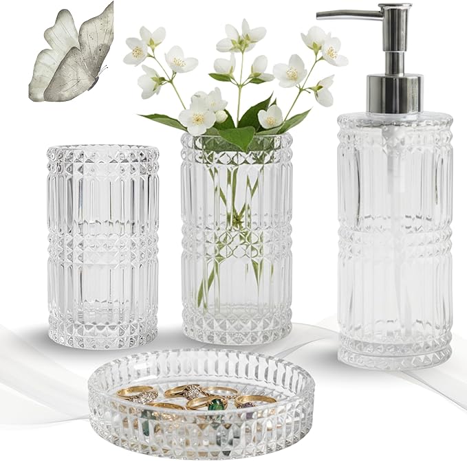 Escenzy Clear Glass Bathroom Accessories Set 4 Pcs | Premium Liquid Soap Dispenser and Toothbrush Holder Set, Qtip Holder, Soap Tray | Bathroom Countertop Organizer | Modern Bathroom Accessory Sets