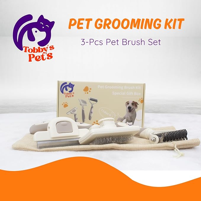Tobby’s Pets Pet Grooming Kit – 3-Piece Dog & Cat Brush Set with Dematting Tool, Deshedding Brush & Self-Cleaning Slicker Brush – Professional Grooming for Long-Haired Dogs, Double Coats & Cats