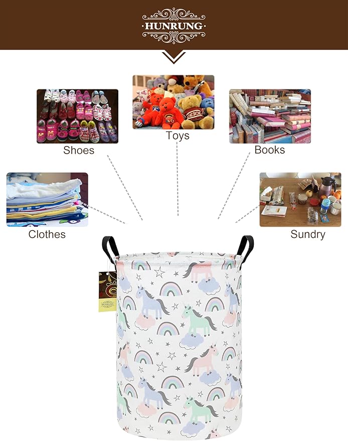 HUNRUNG Laundry Hamper,Large Canvas Fabric Lightweight Storage Basket Toy Organizer Dirty Clothes Collapsible Waterproof for College Dorms（Round-Star Unicorn）