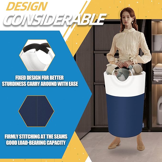 125L Laundry Basket, Collapsible Laundry Hamper with Padded Handles, Waterproof Laundry Bag, Tall Clothes Hamper Stand Up Well, Foldable Laundry Baskets for Easy Storage(Navy Blue)