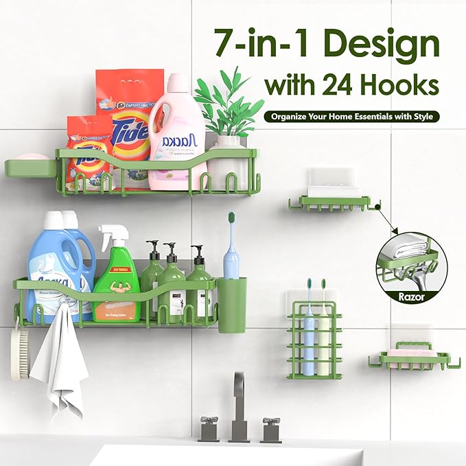 Shower Caddy Adhesive Shower Organizer 7-Pack, Rustproof Stainless Steel Bathroom Shelves, Large Capacity No-Drill Rack Storage Accessories with Soap Dish Toothbrush Holder Hooks