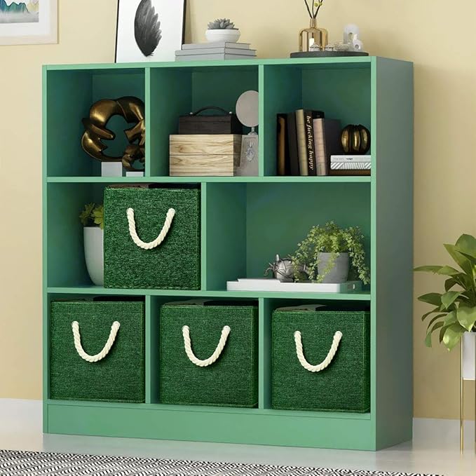 i BKGOO Foldable Storage Cube Bins Green Linen Fabric Collapsible Resistant Basket Box Organizer with Cotton Rope Handle for Home Office and Nursery 10.5x10.5x11 inch