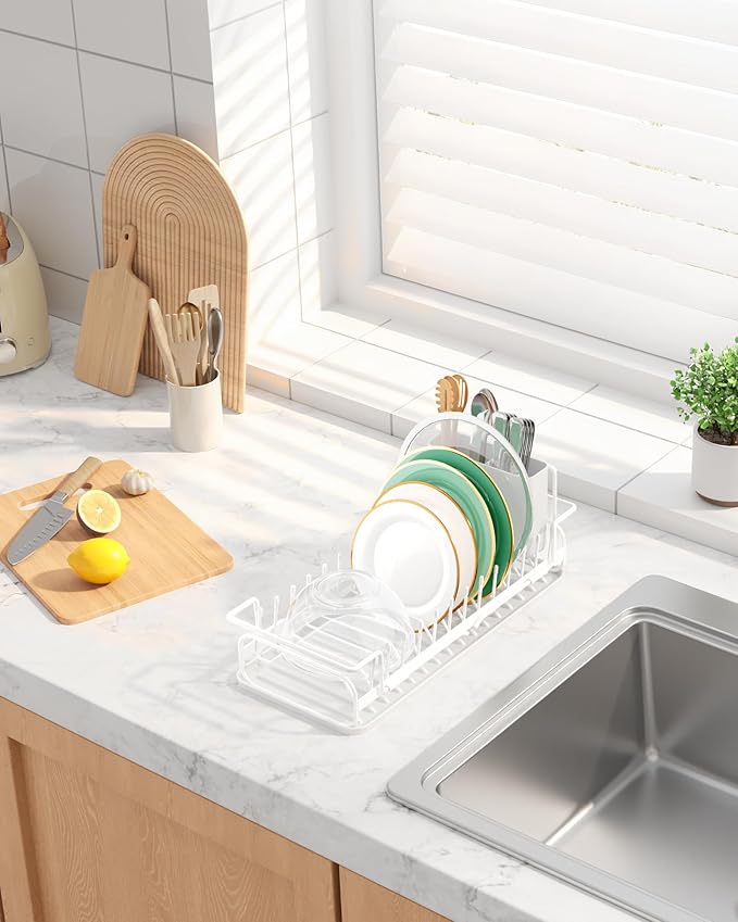 Kitsure Dish Drying Rack - Expandable Dish Rack for Kitchen Counter, Over Sink Or in Sink, Space-Saving Plates Dryer with Cutlery Holder & Drip Tray, 14.0"-20.9" L x 6.3" W x 8.0" H, White