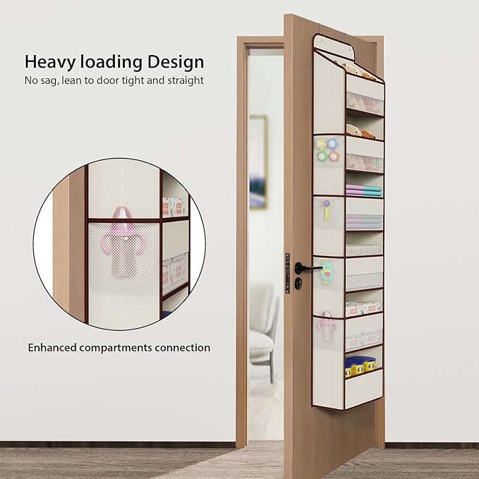 Univivi 6 Tier Over The Door Organizer With 8 Mesh Side Pockets, Bathroom Organizers and Storage Over The Door Organizer For Nursery Baby Essentials (Beige)