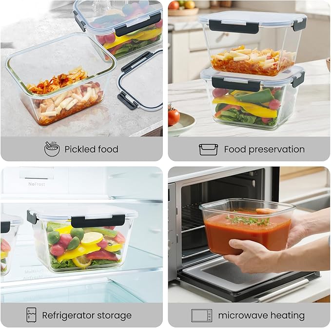 2 Pack Large Glass Food Storage Containers with Lids 85oz/10.5cup Big Airtight Storage Containers for Rotisserie Chicken Meal Prep Leftovers, BPA Free & Leak Proof, Microwave, Oven Safe (gray)