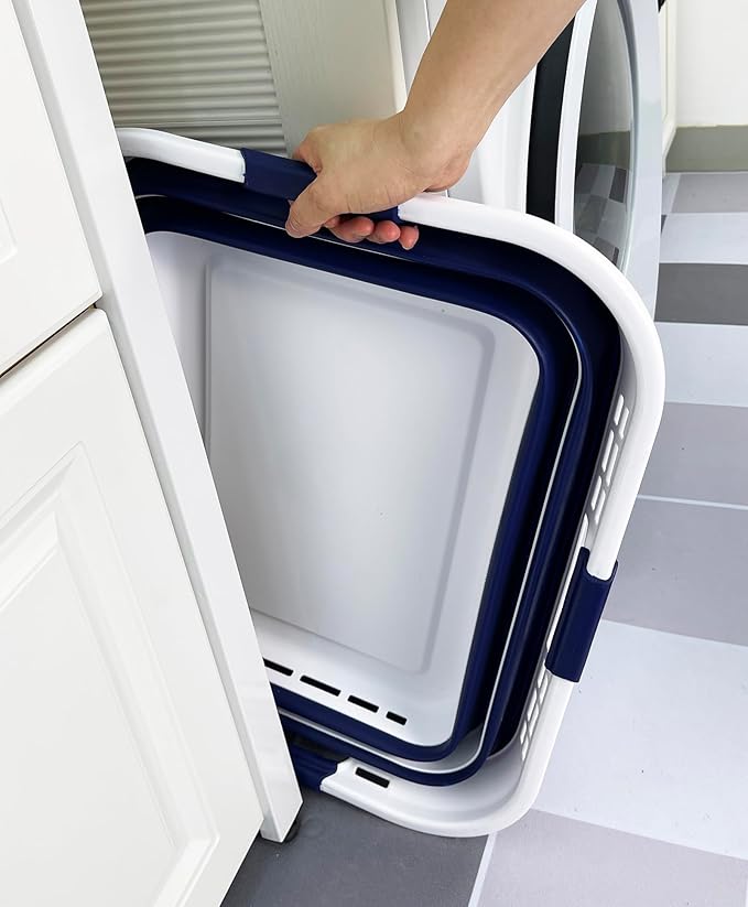 SAMMART Set of 2 Collapsible Plastic Storage Basket - Foldable Pop Up Storage Container - Portable Laundry Organizer - Space Saving Hamper (White/Starry Blue, 42L (Style A))