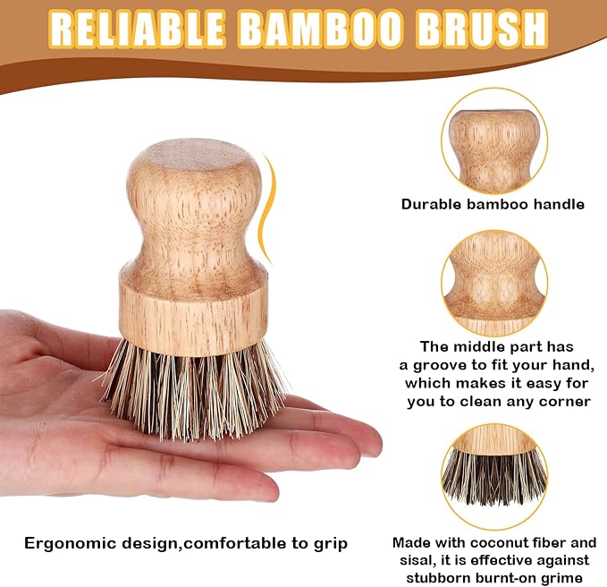Nuenen 6 Packs Bamboo Dish Scrub Brushes Wooden Scrubbers Set Kitchen Dishwashing Scrubber with Natural Sisal Bristles for Iron Pot Pan Sink