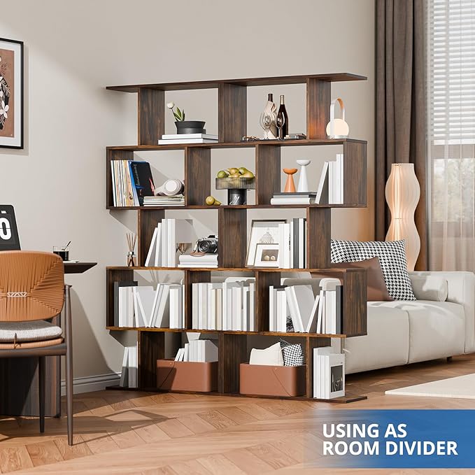 Cozy Castle Set of 2 Geometric Bookcase, S-Shaped Modern Bookshelf, Room Divider Bookshelf, 62" Tall Unique Abstract Bookcase with 5-Tier Display Shelf for Living Room Office, Rustic Brown