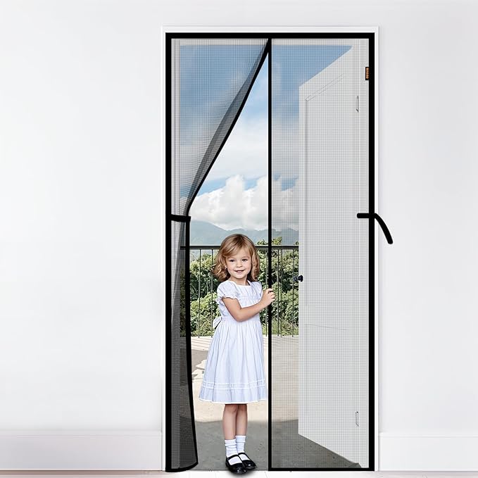 Magnetic Screen Door, Fits 32'' x 80'' Door, Scratch-Proof Polyester, Classic Middle-Opening, Keep Annoying Creatures Out, Pet Friendly Mesh, with Unique Keep Open Straps if Don't Need Close, Grey