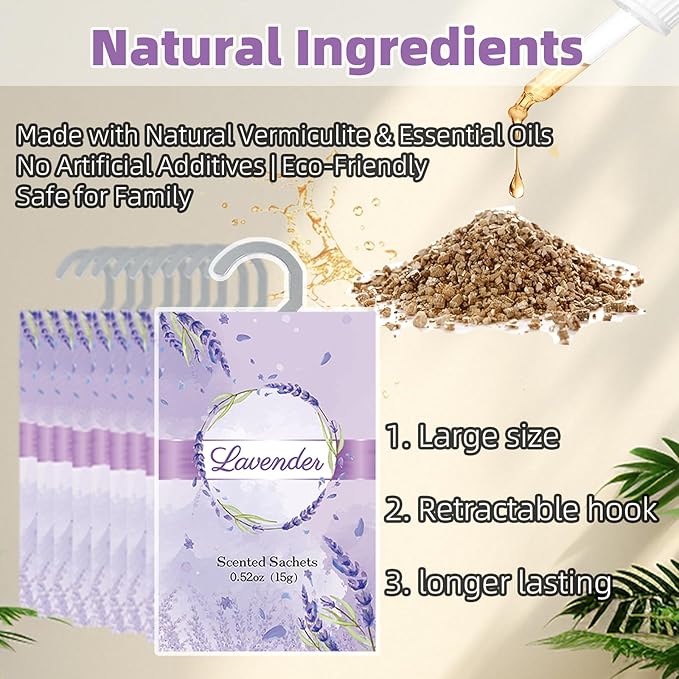 12 Packs Lavender Hanging Scented Sachets for Drawers and Closets with Retractable Hook| Long-Lasting Closet Air Freshener & Closet Deodorizer | Closet Scent Freshener (Lavender)