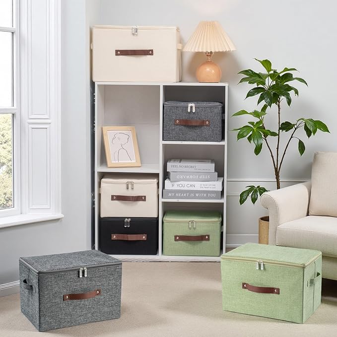 Storage Bins with Zipper Lid Foldable Fabric Lidded Storage Boxes Baskets Cubes Washable Collapsible PU Leather Handle Cotton Linen Fabric Shelf Closet Organizer Container(Gray, Small Size)