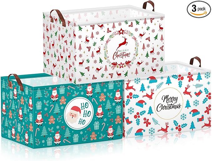 Boao 3 Pack Christmas Storage Baskets for Gifts Empty Collapsible Large Christmas Storage Bins, Xmas Canvas Laundry Basket with Handle for Office Home Bedroom Clothes Toys Holiday Decor