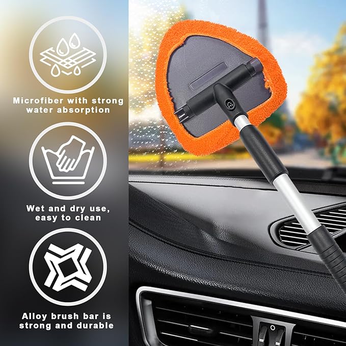 Ziciner Car Windshield Cleaner, Microfiber Auto Cleaning Wiper with Aluminum Extendable Handle and 2 Washable Reusable Cloth Pad Head, Universal Vehicle Interior Exterior Cleaner Kit (Orange-Triangle)