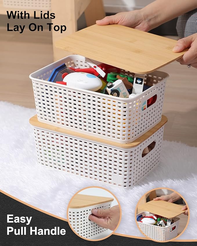 AREYZIN Storage Bins with Bamboo Lids Set of 6 Lidded Storage Container Plastic Baskets Organizer Bins for Organizing Kithen Room Bedroom Office Closet, Sturdy(White)