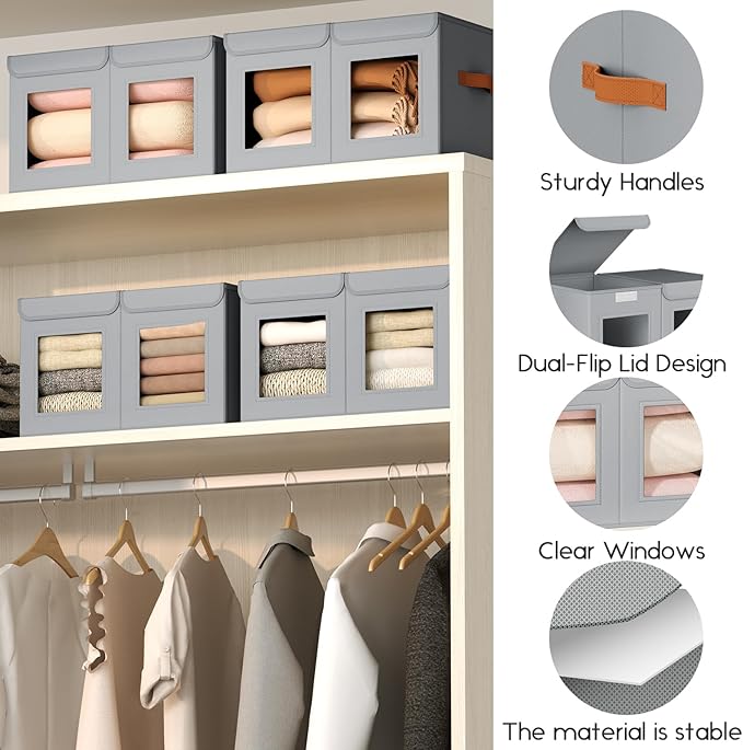 Large Closet Storage Bins - Collapsible Divided Clothes Organizer with Lids & Dual Window, Fabric Organizing Bins for Clothes, Sweater, Bedroom, Office (Grey, 4 Pack)