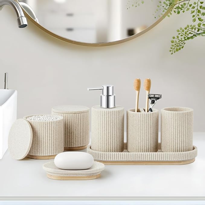 7PCS Bathroom Accessories Set, with Soap Dispenser, Q-tip Holder, Toothbrush Holder, Tumbler, Soap Dish, Vanity Tray, Complete Bathroom Accessory Set Organizer Countertop for Modern Home Decor, Beige