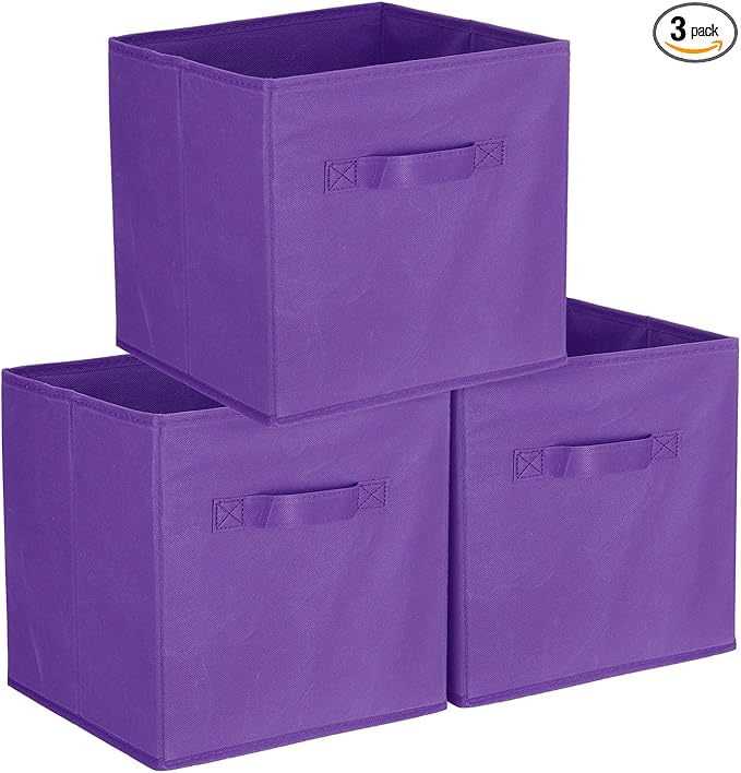 uxcell 3Pcs Fabric Storage Bins, 11 Inch Cube Storage Bin Foldable Storage Cube Organizer Bins with Handles for Shelf Closet, Nursery Home, Bedroom(Dark Violet)