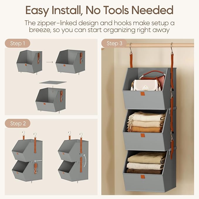 Collapsible Hanging Closet Organizer - 6 Tier Closet Shelves Storage System with Hooks, Fabric Hanging Storage Bins for Clothes, Foldable Storage Basket for Laundry, Bedroom, Rv, Grey
