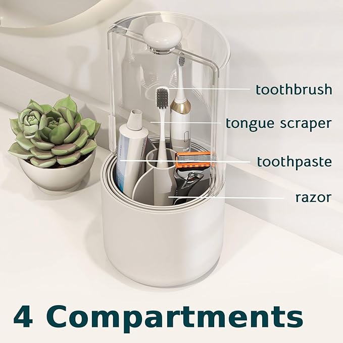YOOLENS Toothbrush Holder with Cover 360 Rotating 4 Compartments Bathroom Toothpaste Electric Toothbrush Organizer, White