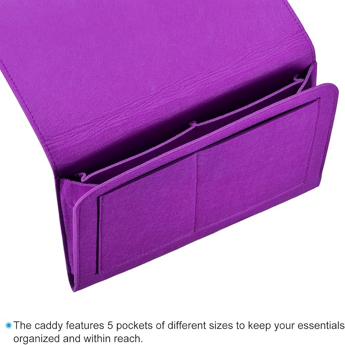 PATIKIL 13in Bedside Caddy, Bed Caddy Bedside Organizer Hanging 5 Pocket Soft Felt Bed Pockets Bedside Storage Organizer Remote Control Holder for Bedroom Phones Glasses, Purple