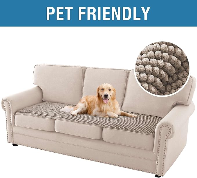 H.VERSAILTEX Plush Chenille Couch Cover for 3 Cushion Couch Anti Slip Washable Sofa Slipcovers Soft and Durable Furniture Protector for Dogs Cats Kids (27.5" x 82", Taupe)