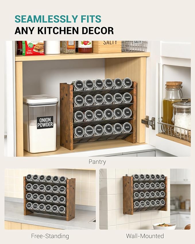 NESAPTO Spice Rack Organizer for Cabinet, Wooden 4 Tier Vertical Seasoning Organizers for Kitchen Pantry, Countertop/Wall Mount, Holds 24 Spice Jars (No Jars Included),12.2" W × 9.4" H