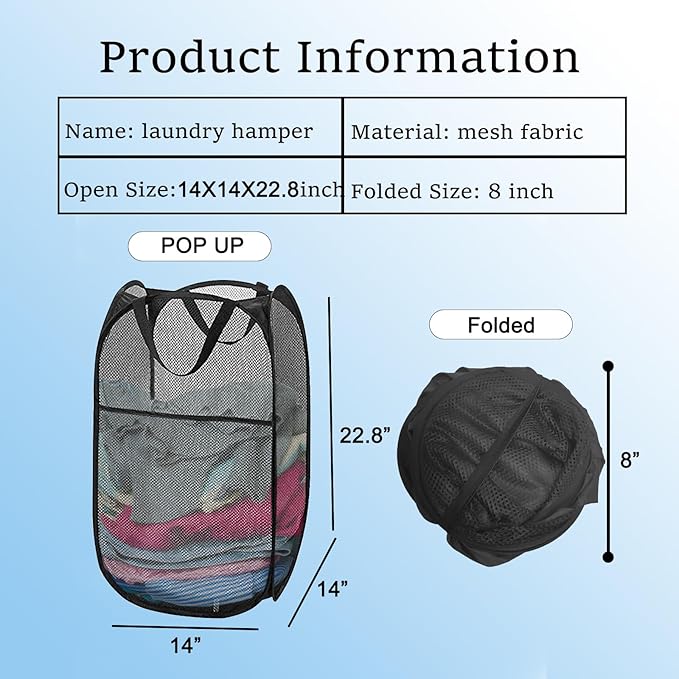 Pop Up Laundry Hamper Pack of 2 Mesh Collapsible Laudry Baskets with Side Pocket and Handles, Easy to Carry for Cruise, Home, Dorms, Laundry Room (Black+Rose red)