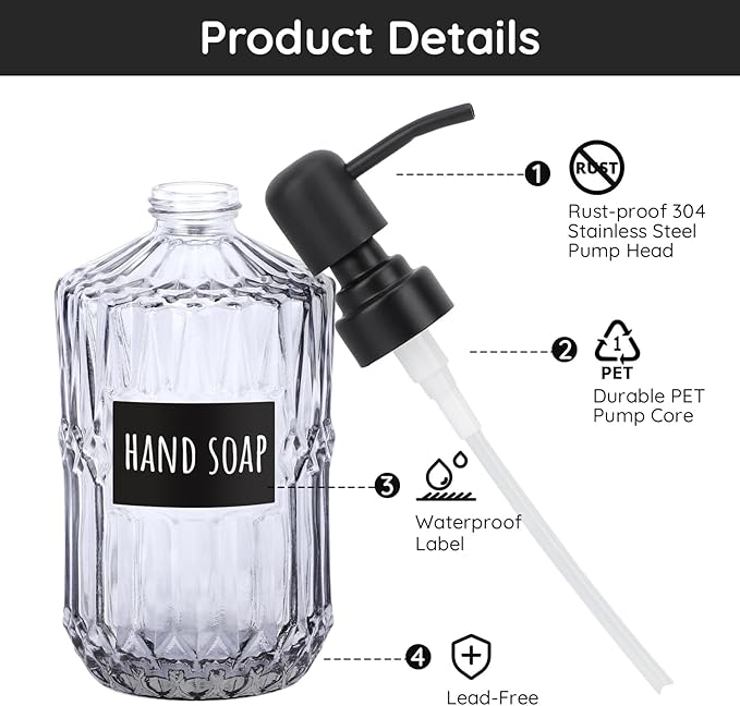 Segbeauty Glass Soap Dispenser Refillable, 2 Pack 15.2oz Modern Farmhouse Decor Pump Bottles with Labels, 450ml Western Decor Hand Soap Dispenser Set Liquid Gel Container for Bathroom Kitchen Gray