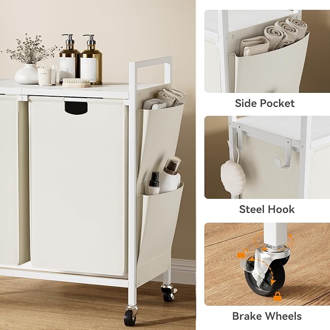 WOWLIVE Double Laundry Hamper with Lid,Rolling Laundry Basket Organizer with Wheels, Iron-Made Laundry Sorter with Top Shelf and 2 Removable Bags,Large Clothes Storage for Room,White